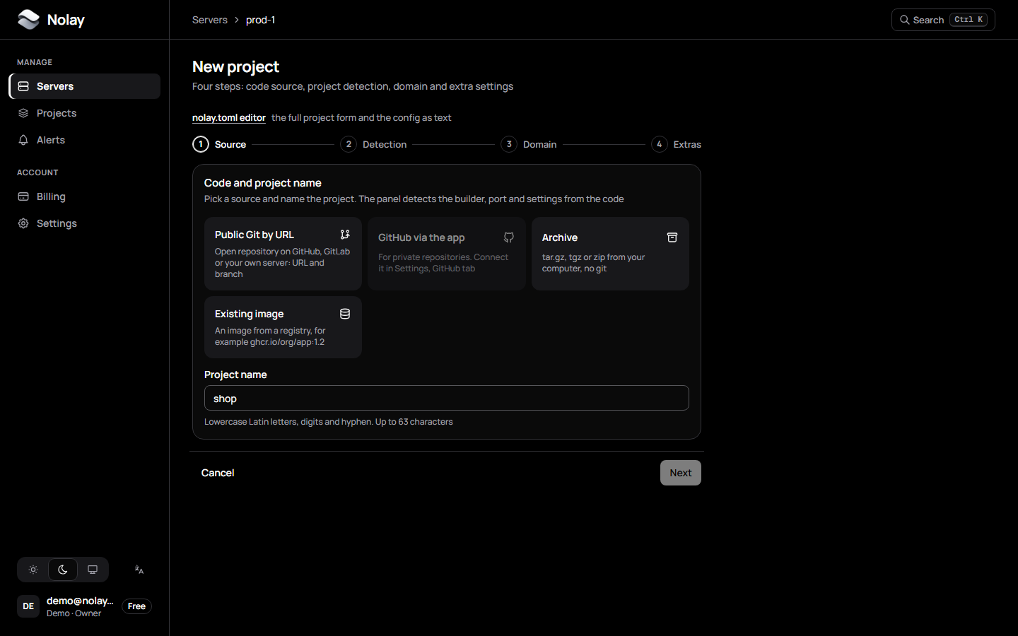 The new project wizard, Source step