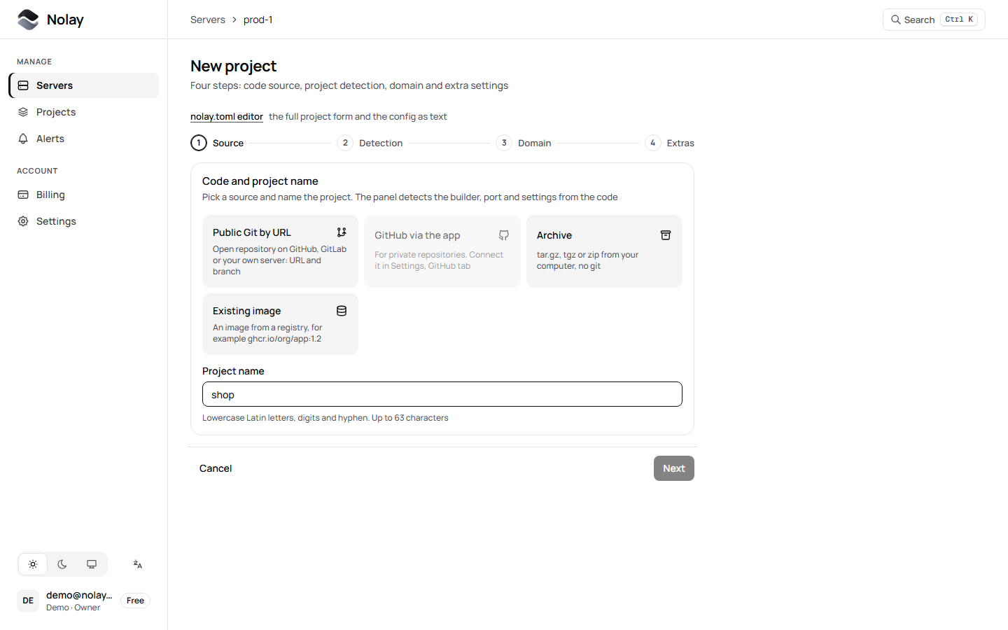 The new project wizard, Source step