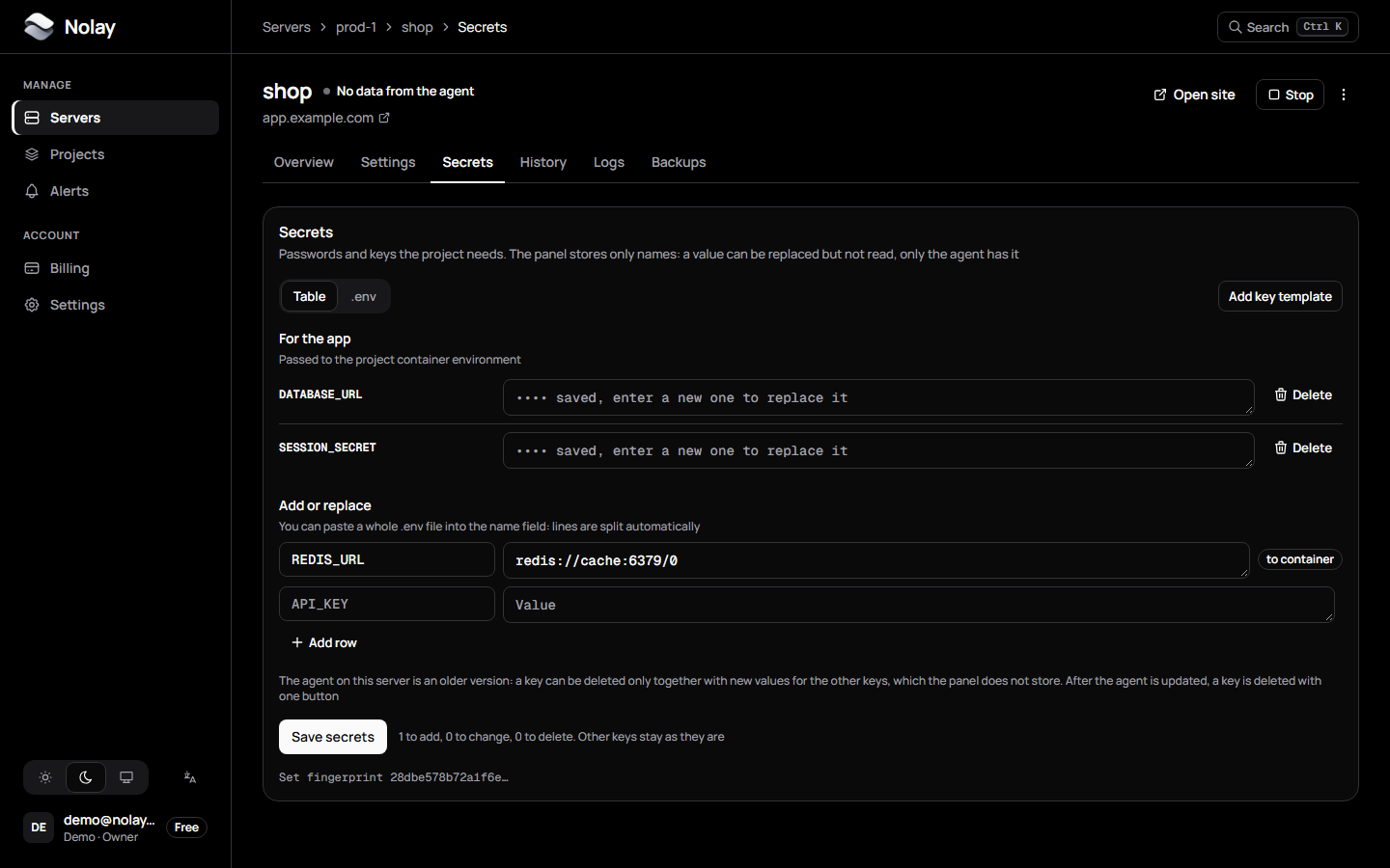 The project Secrets page