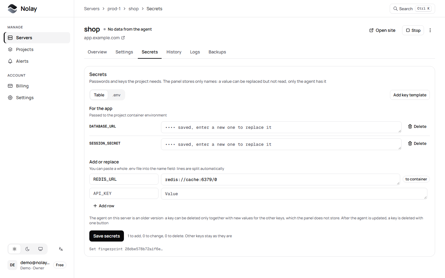 The project Secrets page