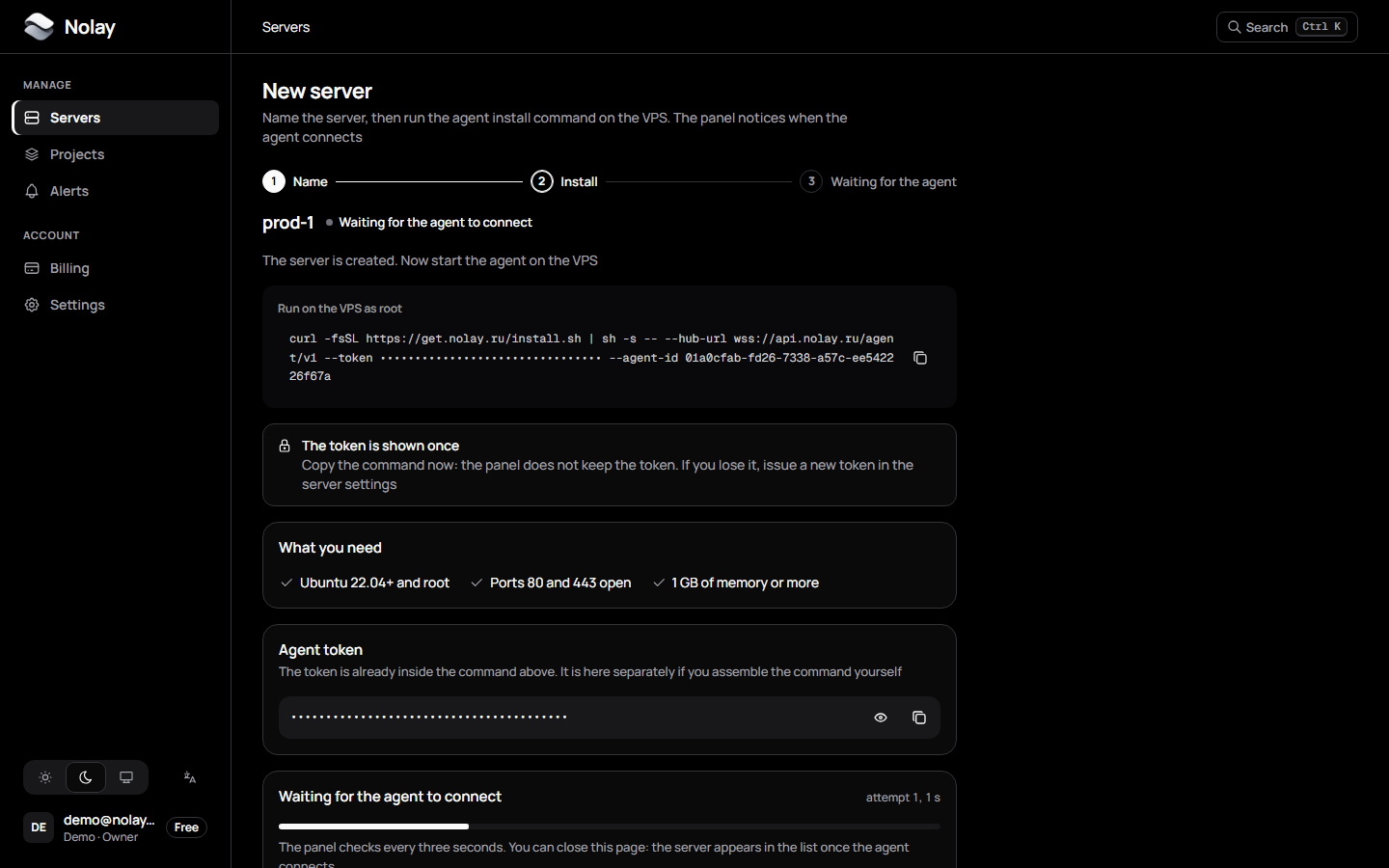 The New server dialog in the panel with the install command