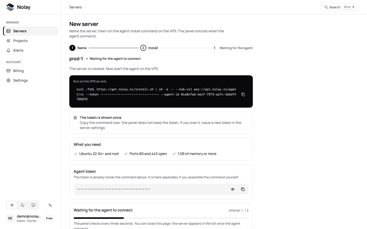 The New server dialog in the panel with the install command